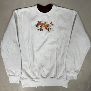 Country Store Embroidered Fox Autumn Leaves Sweatshirt White Brown Womens Medium